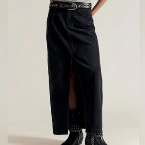 NWT Lucky Brand Black Denim Front Slit Casual Maxi Jean Skirt Size 4 27 Cotton